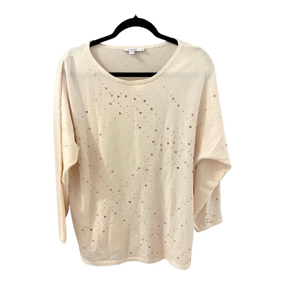 Chico's Long-Sleeved Beige Sequined Top, Size 3 (XL), Scattered Sequins, Gold.